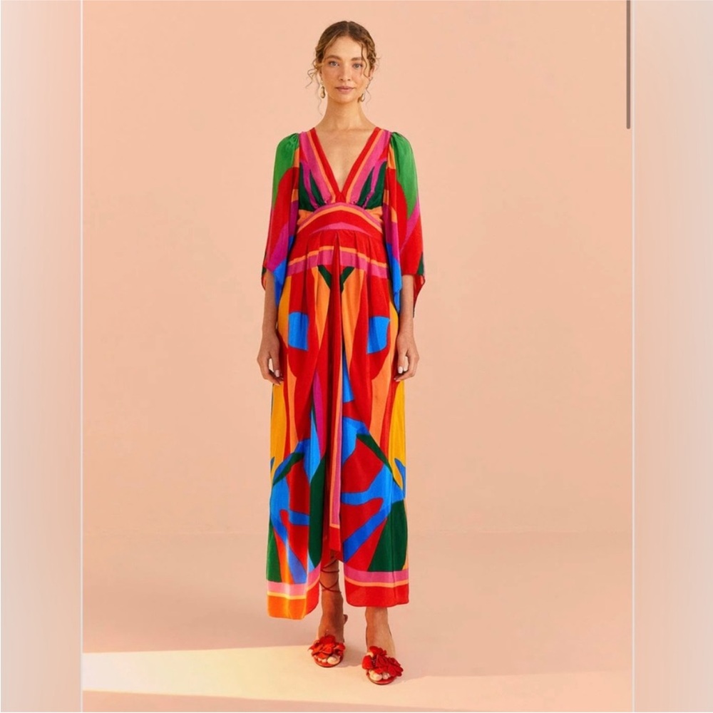 Farm Rio Colorful Leaves Scarf Multicolor Maxi Dress XS NWOT